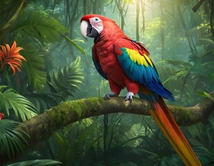 A Scarlet Macaw Perched on a Branch in a Lush Rainforest, parrot