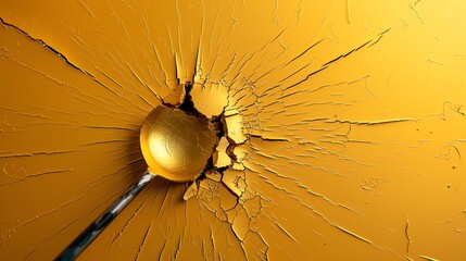 Obraz premium A gold spoon breaks through a cracked, golden surface, creating a dramatic, abstract composition.
