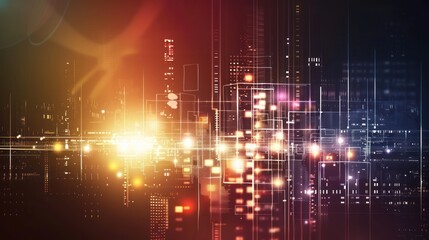 Obraz premium Abstract cityscape with glowing orange and yellow lights and grid lines on a dark background, evoking a futuristic urban scene.