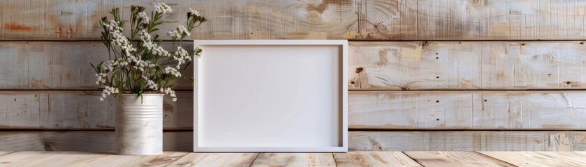 Fototapeta premium Minimalist white frame leaning on rustic wooden wall with a vase of dried flowers, perfect for modern interior design and decor inspiration.