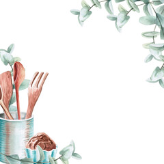 Ceramic dishes and baked goods in a square frame in a watercolor illustration on a white background. Hand-drawn illustration for kitchenware stores, recipes, invitations, master class announcements.