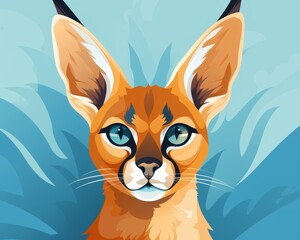 Obraz premium Caracal with ears twitching flat design top view savannah theme cartoon drawing vivid