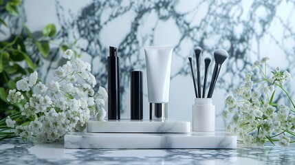 Beauty essentials, White cosmetic tubes on marble podium with brushes and flowers, Copy space for Ads