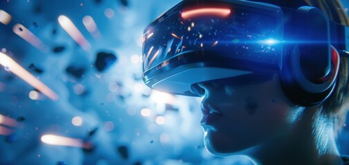 Woman immersed in virtual reality with futuristic VR headset, surrounded by digital effects, reflecting the cutting-edge tech experience.