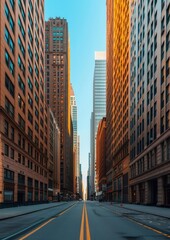 Obraz premium A serene view of an empty city street flanked by tall buildings under a clear blue sky with warm sunlight casting shadows.