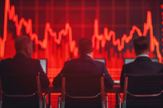 Business professionals analyze stock market data on screens with red graphs indicating a downward trend in the financial market.