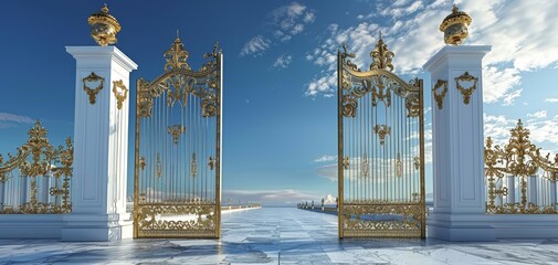 Stunning ornate golden gates against a blue sky, opening to a vast and ethereal landscape with...