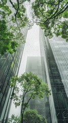 Rainy Day in a Modern City with Sustainable Green Buildings and Glass Office Towers, Featuring Trees Reducing Heat and CO2, AI-Generated High-Resolution Wallpaper for World Environment Day