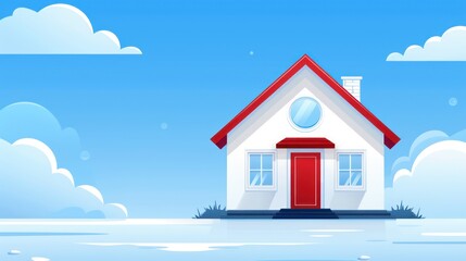 Naklejka premium Charming house illustration with red roof under bright blue sky.