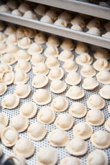 Appetizing dumplings lie on a metal sheet