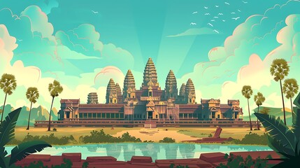 Ancient Angkor Wat Temple Complex Surrounded by Lush Jungle and Reflecting in Water