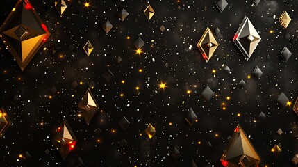 Minimalistic black background with gold diamond shapes, colorful accents, luxurious feel, ultra HD high quality