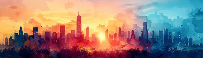 Artistic skyline of a city at dusk with vibrant colors, blending warm tones of sunset with cool tones of the impending night, creating a vivid contrast.