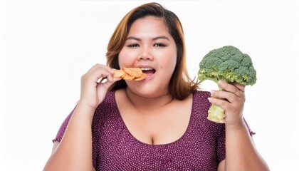 Overeating disorder, woman with obesity eating unhealthy junk food. Fight obesity and diabetes....