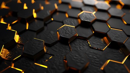 Minimalistic black background with gold honeycomb patterns, vibrant colors, ultra HD high quality