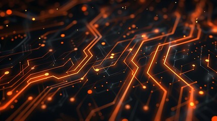 Minimalistic digital circuit with orange lines and white dots on a black background, dynamic and modern