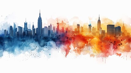 Obraz premium Vibrant watercolor cityscape depicting a skyline with a blend of blue and orange hues, highlighting urban architecture and creativity.
