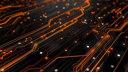 Minimalistic digital circuit with orange lines and white dots on a black background, dynamic and modern