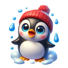 3d penguin with water drop