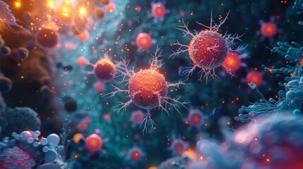 Colorful 3D illustration of microscopic virus particles and cells in a biological and scientific environment.