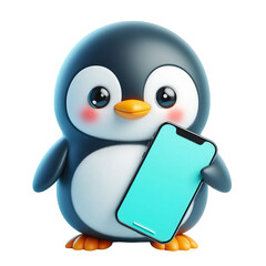 3d penguin holding smart phone