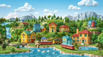 Obraz premium Colorful village with stream, train, and houses in scenic landscape.
