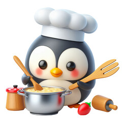 Set of 3d penguin cooking soup