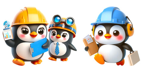 Set of 3d penguin wearing a hard hat is holding a office bag and paperwork