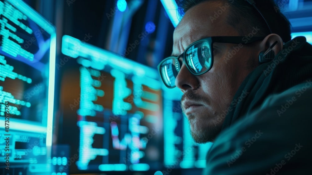 Poster Cybersecurity expert analyzing code on a computer screen