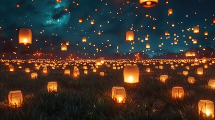 A field of floating lanterns that illuminate a surreal nightscape.