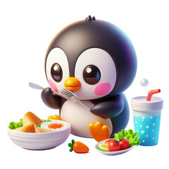 3d cute penguin eating breakfast