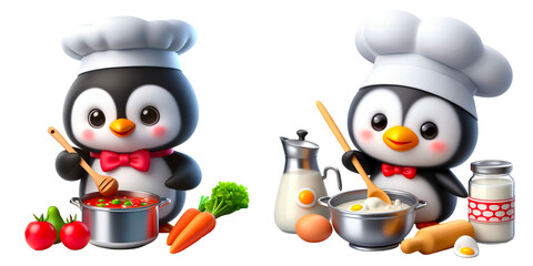 Set of 3d penguin cooking food
