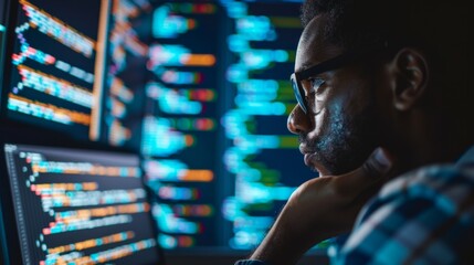 Cybersecurity expert analyzing code on a computer screen