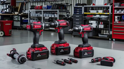 Three red and black cordless drills with batteries and bits are lined up on a wooden workbench in a garage, with metal shelves in the background