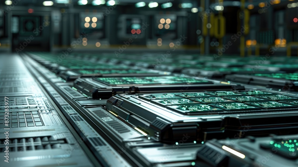 Poster a close-up shot of multiple rows of glowing circuit boards in a futuristic data center