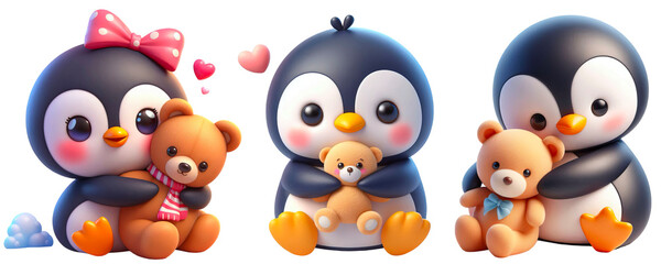 Set of 3D penguin hugs the teddy bear tightly, isolated on transparent background	