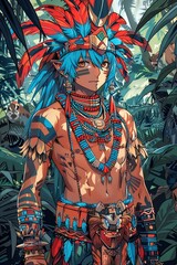 Fototapeta premium A vibrant anime-style illustration of a high-tech ninja with a glowing katana, wearing cyber armor.