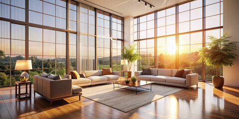 Warm light pours through a modern interior's large windows, illuminating a vacant space with sleek furniture, emphasizing the beauty of natural light in a contemporary setting.