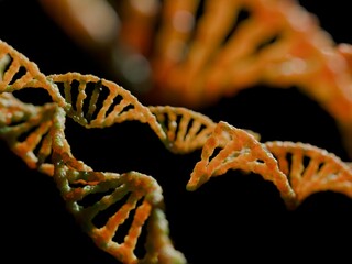 Ilustración 3D de célula de ADN sucia. Un primer plano de una cadena de ácido desoxirribonucleico con fondo negro, generada por computadora.