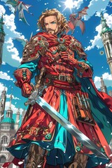 Fototapeta premium A vibrant anime-style illustration of a jungle warrior with tribal markings, wearing natural armor.