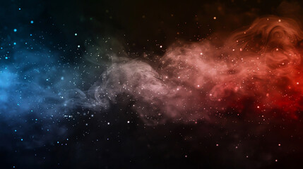 Colorful smoke fog clouds with shiny dust sparkles of glitter on a black background.