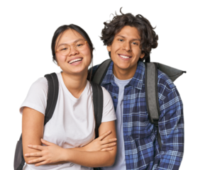 Young interracial student couple studying laughing and having fun.
