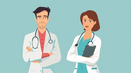 Fototapeta premium Illustration of male and female doctors with stethoscopes and clipboard