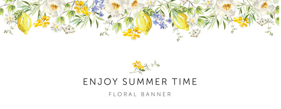 Peonies, yellow flowers, lemon fruits, green leaves, white background. Banner template with text. Vector illustration. Floral arrangement. Summer border design 