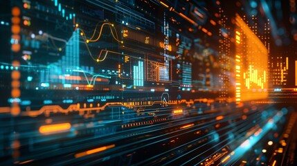 statement performance, Abstract representation of financial data and charts depicting performance metrics, Digital style, Nikon D850, Studio light, sophisticated, modern, data-driven, dynamic, HD,