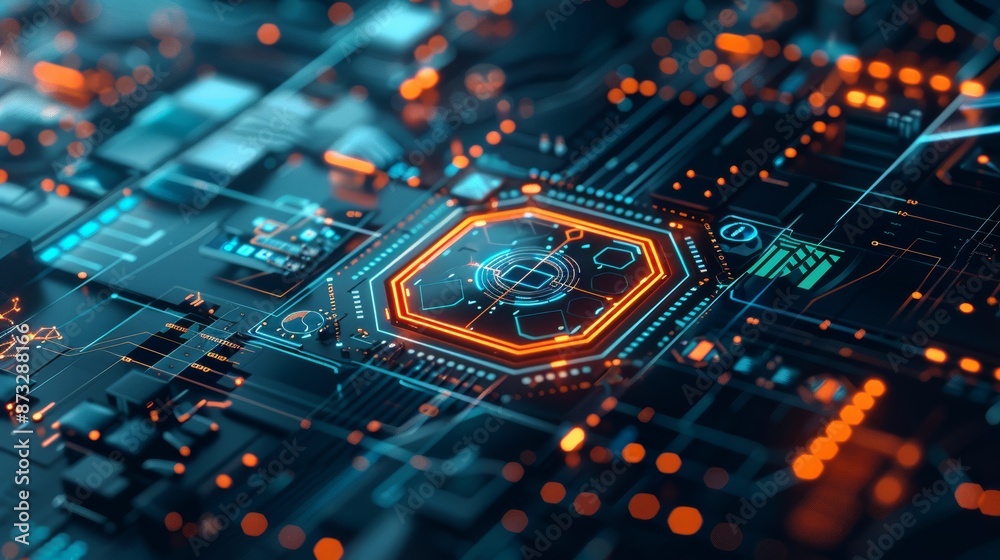 Poster Cybersecurity shield protecting a network on a futuristic interface