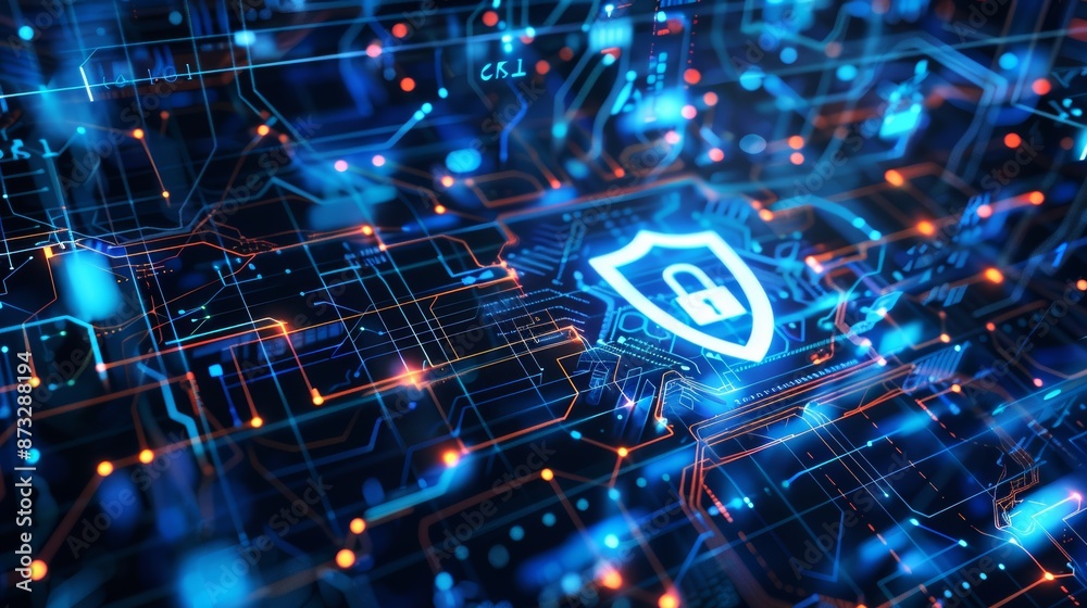 Poster Cybersecurity shield protecting a network on a futuristic interface