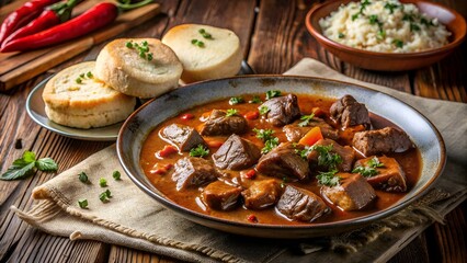 Czech traditional recipe for beef goulash with homemade dumpligs, served in simple rustic style