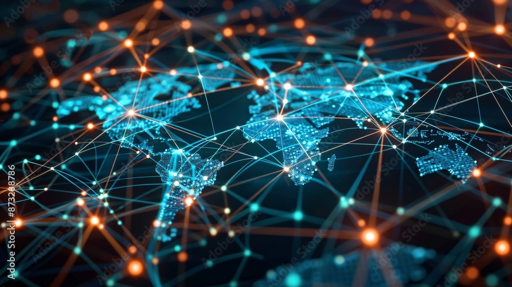 Poster a futuristic digital map illustrating global connectivity and data transfer, with glowing nodes and 
