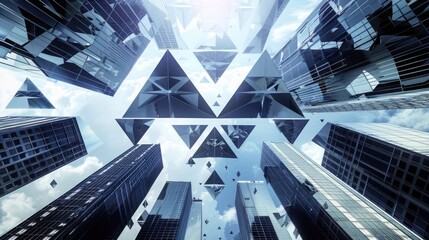 A futuristic cityscape with skyscrapers adorned with geometric facades and patterns of triangles and diamonds.